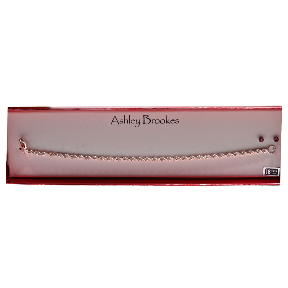 Ashley Brookes Silver Rope Bracelet With Red Stone Stud Earrings Set With Box